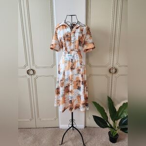 Vintage Printed Collared Midi Dress